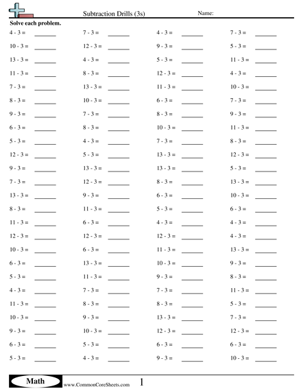 Subtraction Worksheets - Subtraction Drills (3s)  worksheet